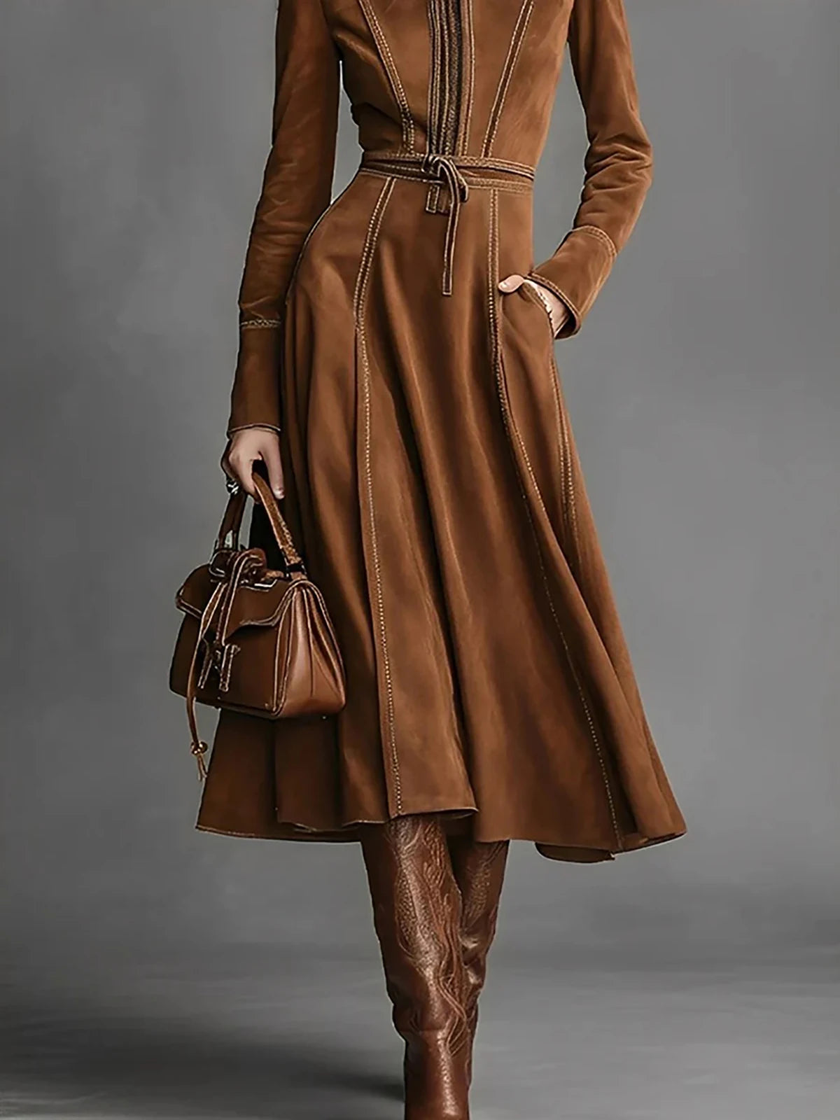 Elegant Suede Vintage Women's Dress Brown Zipper Slim Lace Up A-Line Autumn High Street Chic High Neck Long Sleeve Midi Dresses