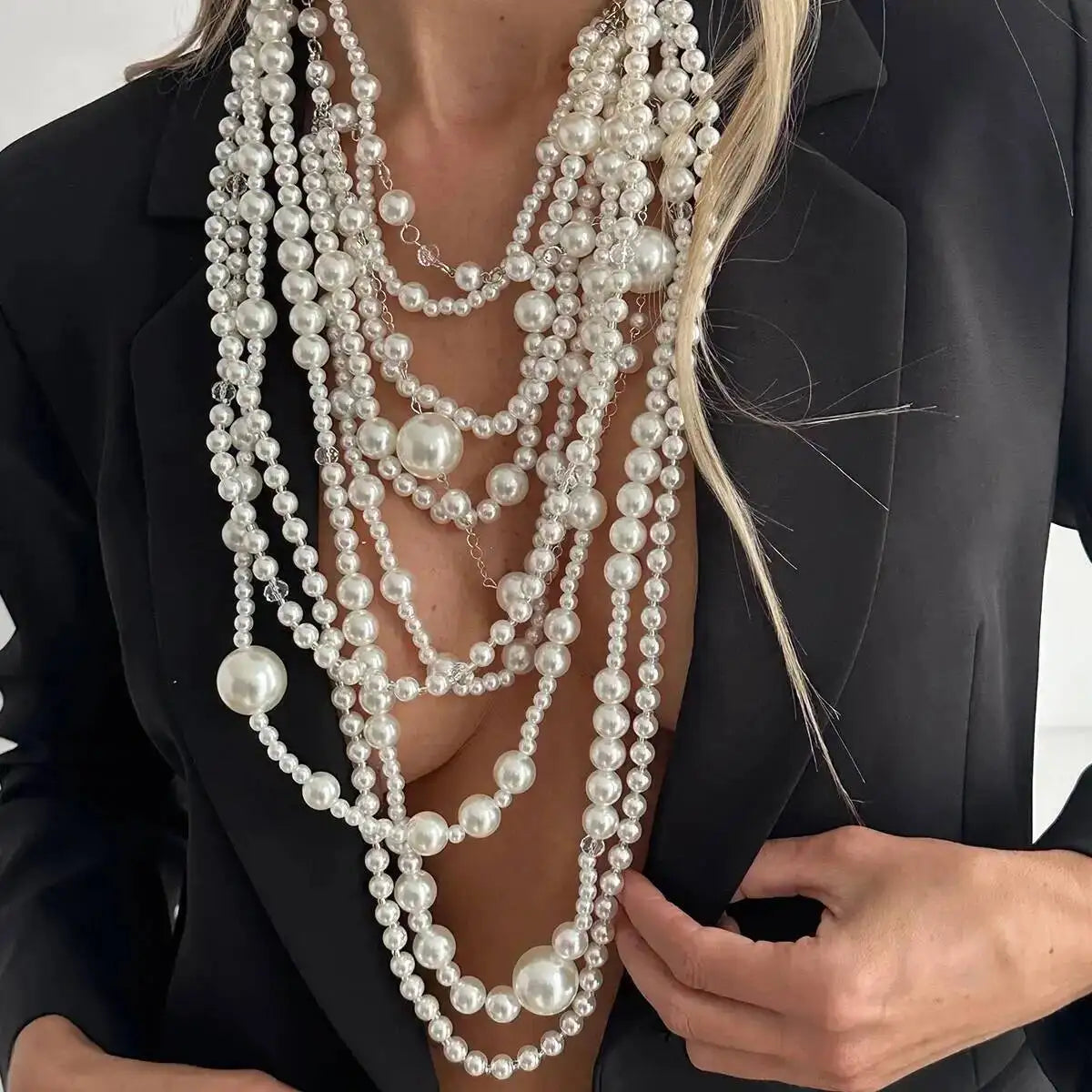 Layered Pearl Choker Necklace – Long Tassel Pendant – Pearl | KIMLUD