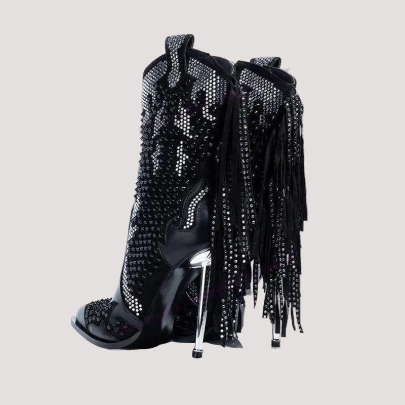 Black Tassel Crystal Decor Ankle Boots Pointed Toe Shoes for Women Thin High Heels Sexy Runway Shoes 2025 Zapatos Para Mujere