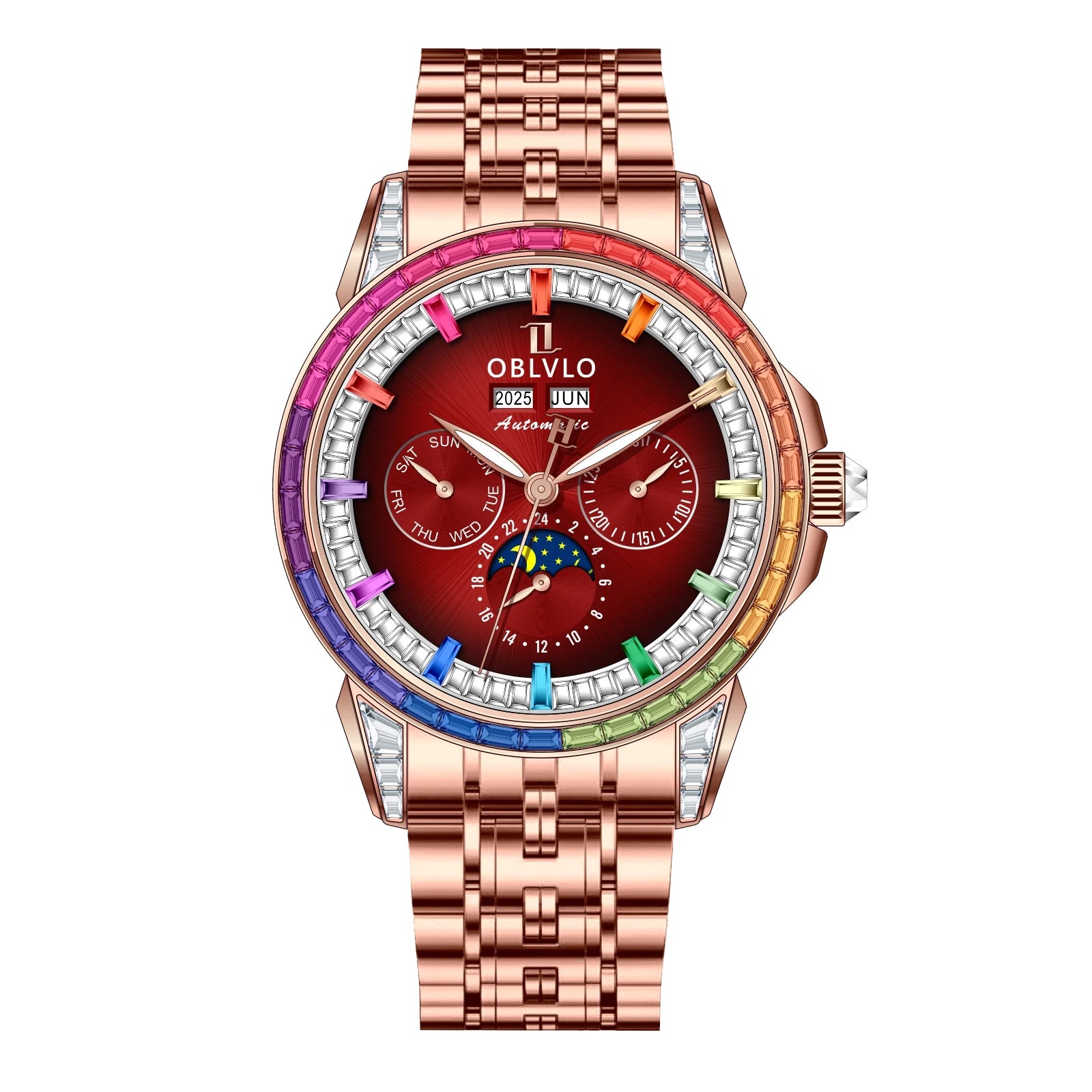 Moonphase Automatic Leather Strap Watch Complete Calendar — Red | KIMLUD