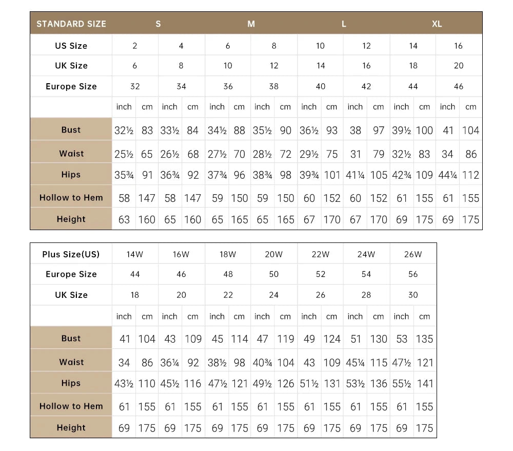Size chart comparing US, UK, and European clothing sizes with measurements in inches and centimeters.
