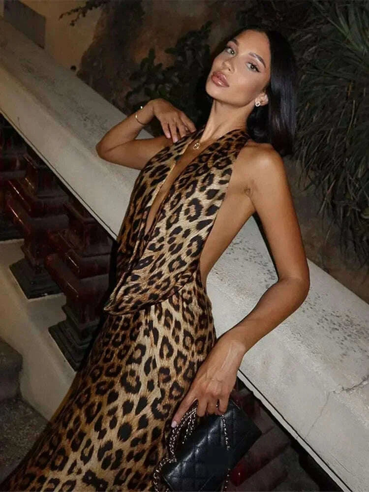 KIMLUD, Women Elegant Leopard Print Lace-up Halter Dress Sexy Backless Deep V-neck Slim Long Dresses 2024 New Lady High Street Partywear, KIMLUD Womens Clothes