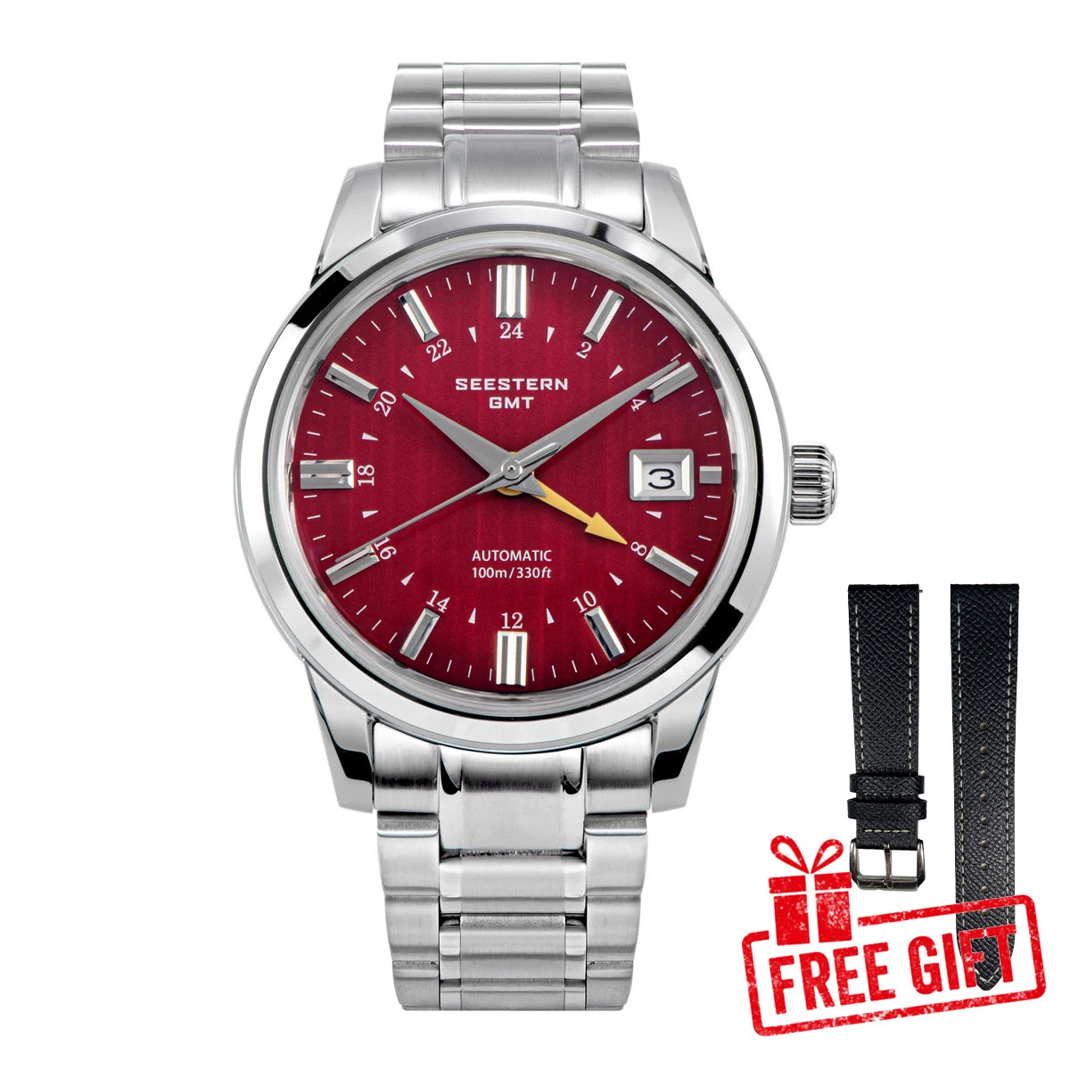 SEESTERN S446 Men Watch Automatic Mechanical Wristwatches NH34 GMT Movement 100m Waterproof Domed Sapphire Crystal Clock Limited