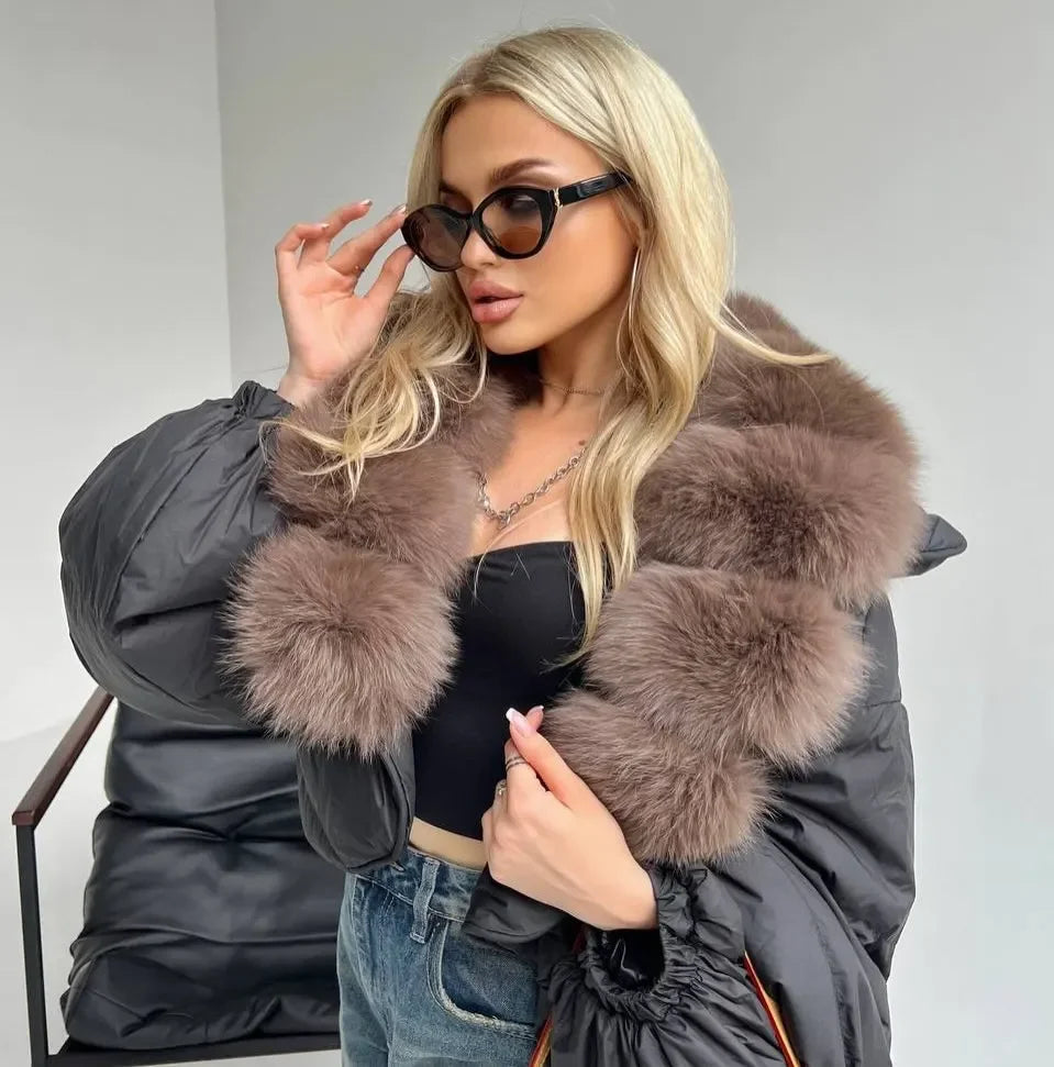 Down Coat – Real Fox Fur Trim – Duck Down – Natural | KIMLUD