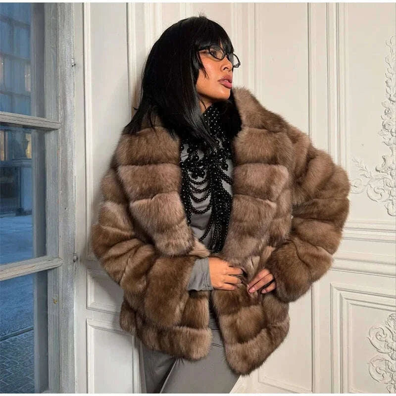 KIMLUD, Women Patchwork Faux Fur Coat Elegant Contrast Full Sleeve Lapel Loose Long Staple Plush Jacket Winter High Street Outerwears, KIMLUD Womens Clothes