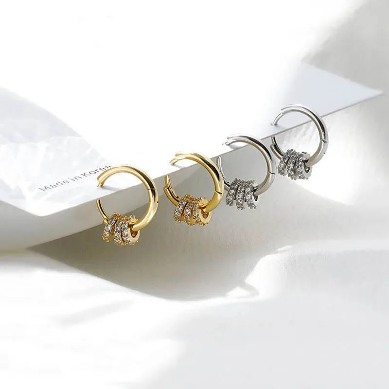 Sterling Silver Hoop Earrings Dainty Zircon Inlaid Round Circle — Silver | KIMLUD
