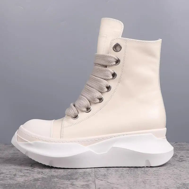 Mid-Calf Motorcycle Boots – High Heel – Leather – Black White | KIMLUD