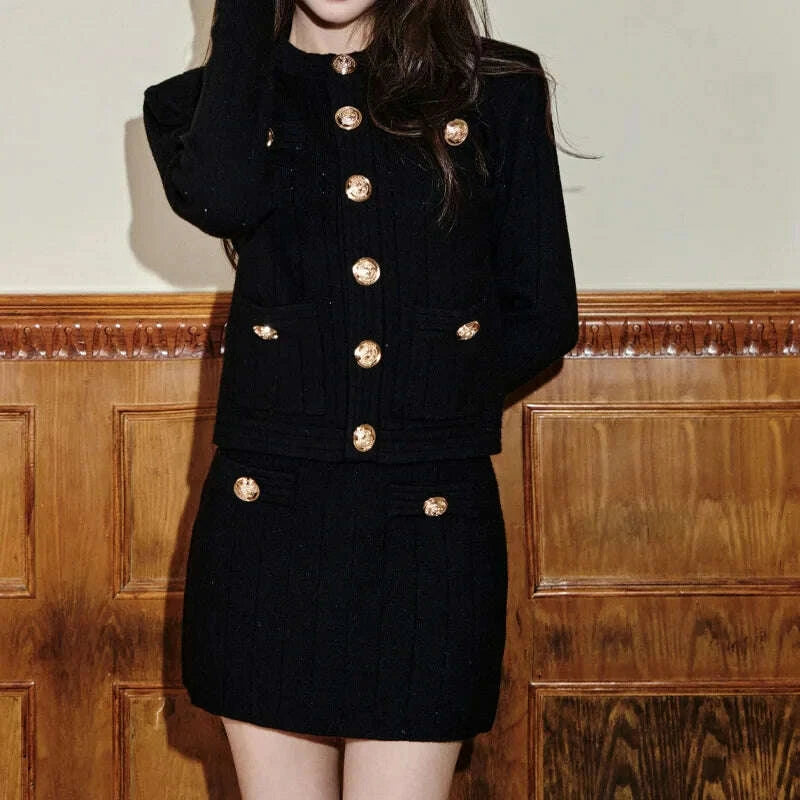 KIMLUD, 2025 New Autumn Winter Golden Buckle Knitted Two-piece Sets Women's Korean Fashion Round Neck Long Sleeve Slim Fit Skirt Suits, KIMLUD Womens Clothes