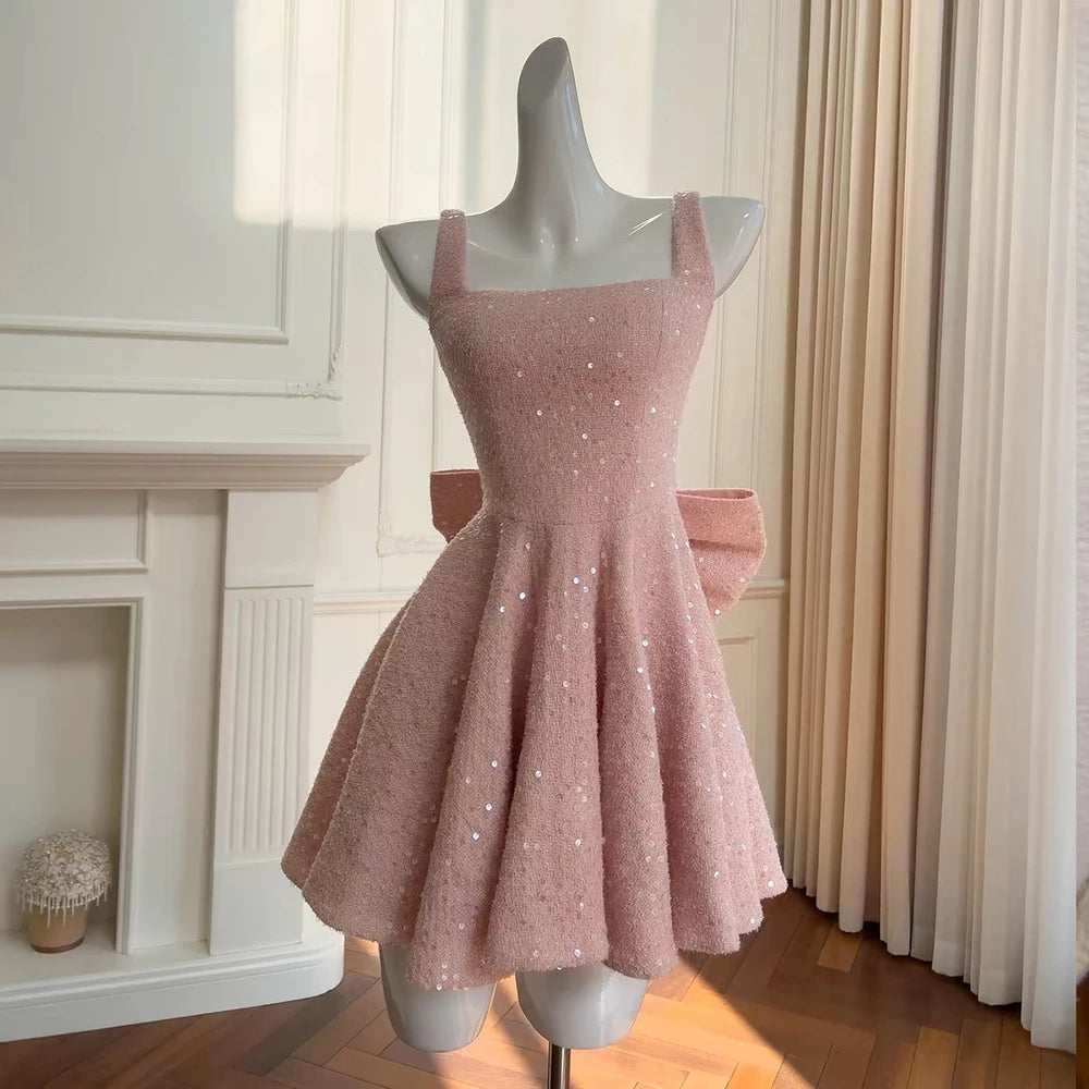 SXTHAENOO Sequins Bow Backless Sexy Mini Dress For Women Robe Fashion Square Collar Sleeveless High Waist A-line Club Dress