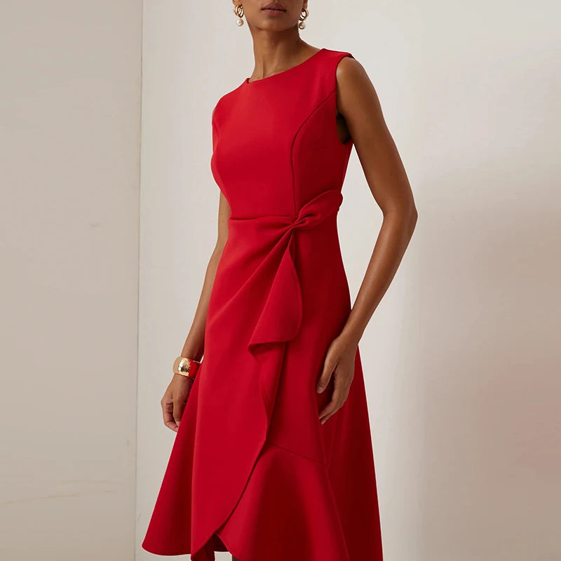 O-Neck A-Line Dress With Knot And Ruffle — Pink | KIMLUD