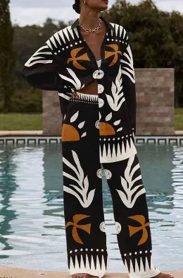 Two Piece Set – Casual Printed – Wide Leg Pants | KIMLUD