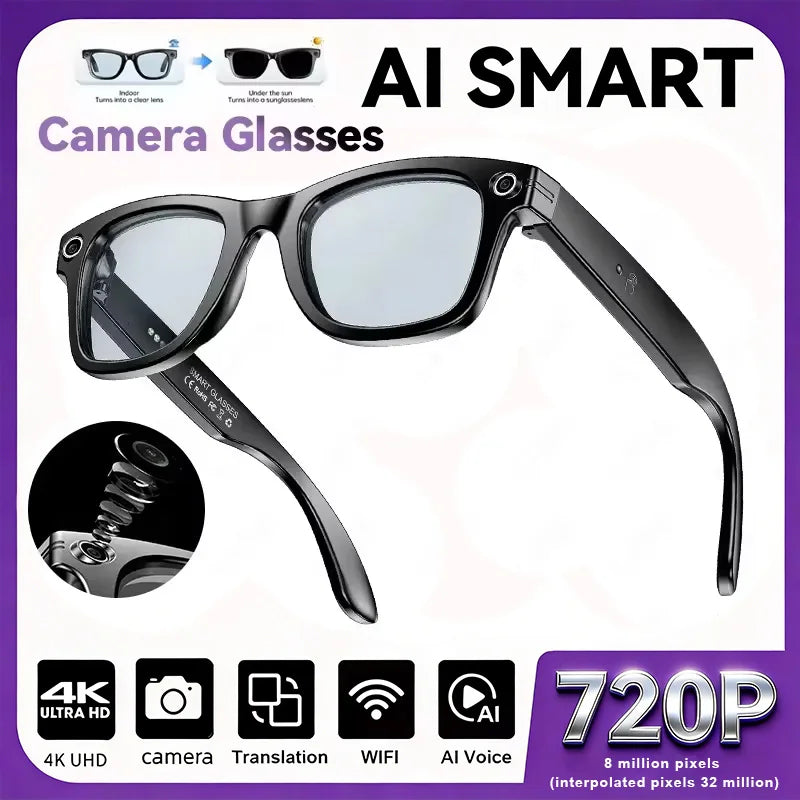 Smart Glasses With 8K Camera, Video Recording, AI Translation And Photo Recognition — Black | KIMLUD