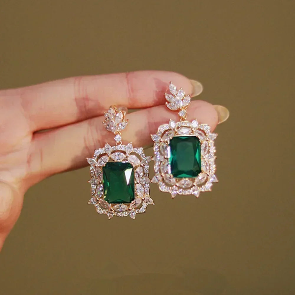 Cubic Zirconia Drop Earrings Water-Drop Inlaid — Emerald | KIMLUD