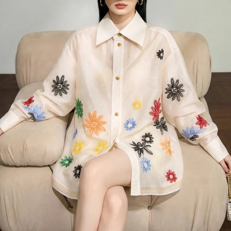 Blouse - Embroidered Floral - Loose | KIMLUD