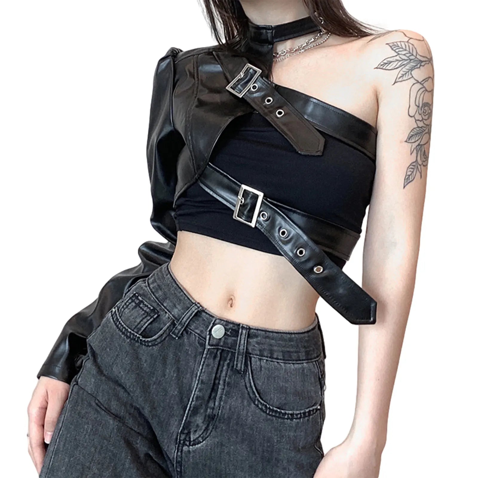 2000s Women's Clothing Gothic Punk Style Crop Tops, Cool Single Long Sleeve Neck Hanger Leather Belt Connected Tops