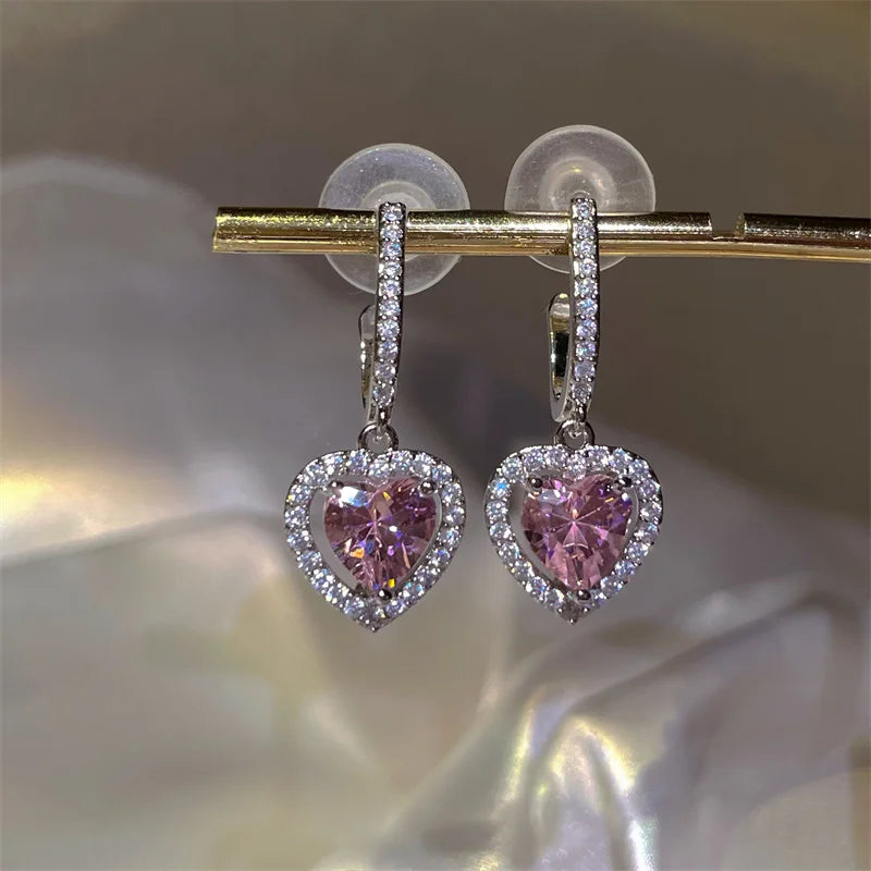 Exquisite Pink Heart Shape Bowknot Stud Earrings For Women Shining CZ Zircon Love Earring Girl Wedding Party Temperament Jewelry