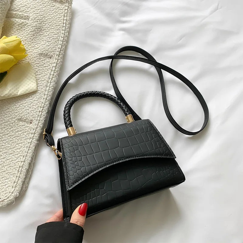 PU Leather Shoulder Bag Croc-Embossed Stone Pattern — Black | KIMLUD