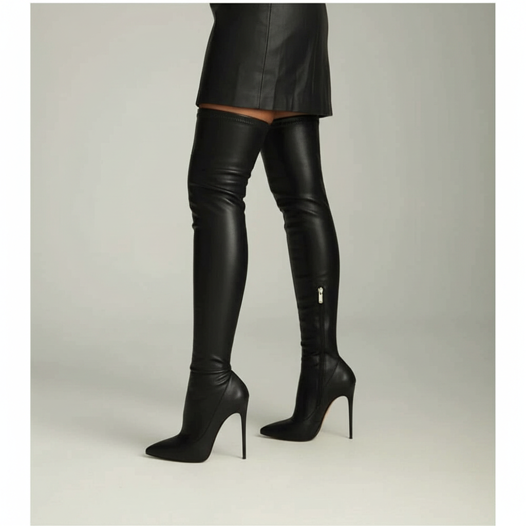 Matte Leather Pointed-Toe Over-The-Knee Boots Stiletto Heel — Black | KIMLUD