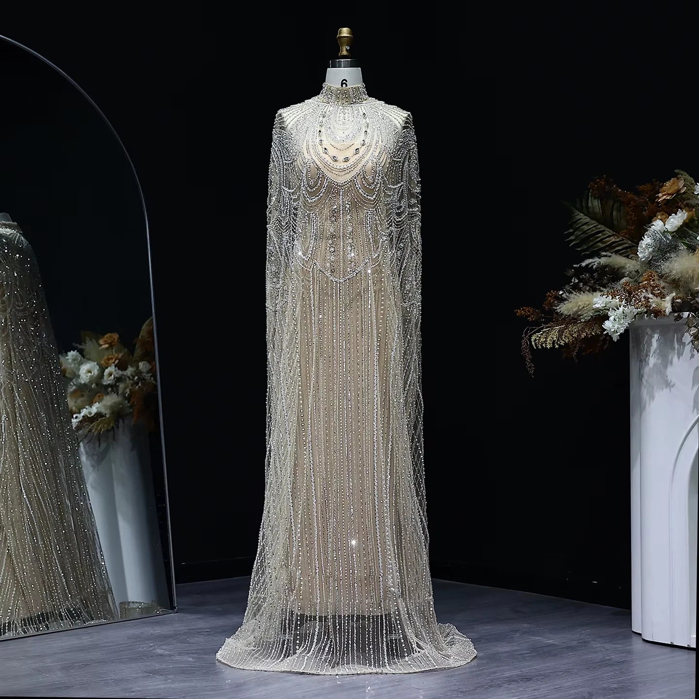 Jancember LSZ080 Luxury Beaded Nude Arabic Evening Formal Party Dresses With Shawl