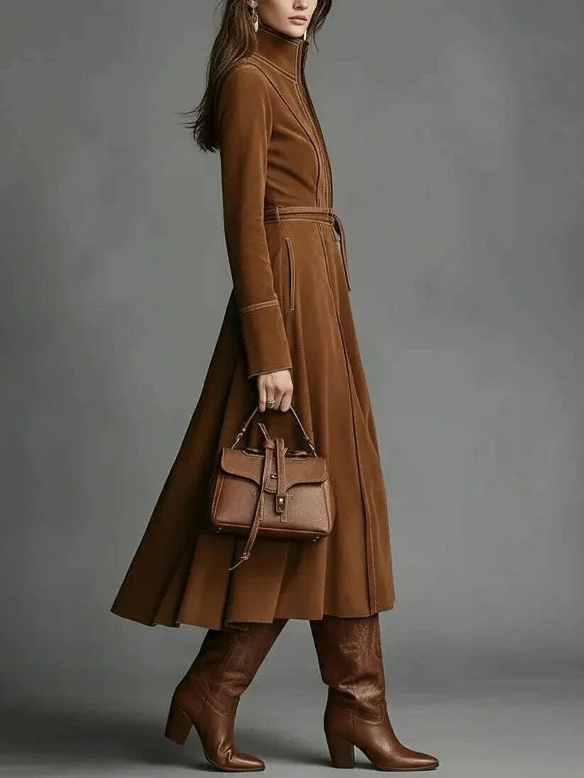 KIMLUD, Elegant Vintage Suede Long A- Line Skirt with Belt And Zipper High Waist Travel Business Casual Party Streetwear Daily Dress, KIMLUD Womens Clothes