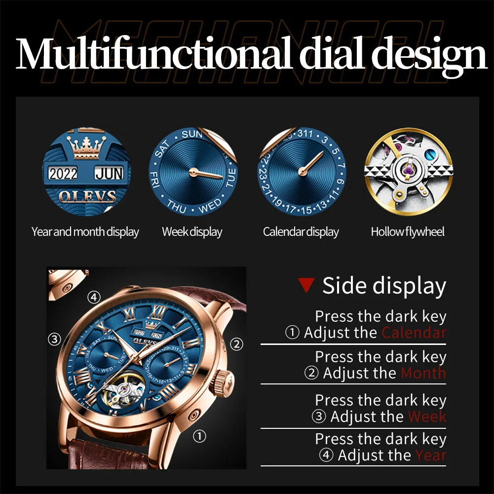 Luxury Automatic Watch With Brown Leather Strap And Mechanical Hand Wind Movement — Blue | KIMLUD