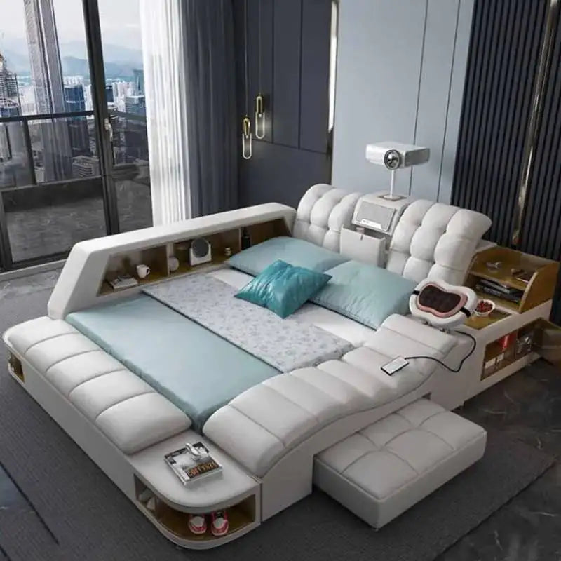 King Simple Double Bed Modern Headrest Storage Sleeping Queen Double Bed Smart Floor Luzko Wielofunkcyjne Furniture For Bedroom