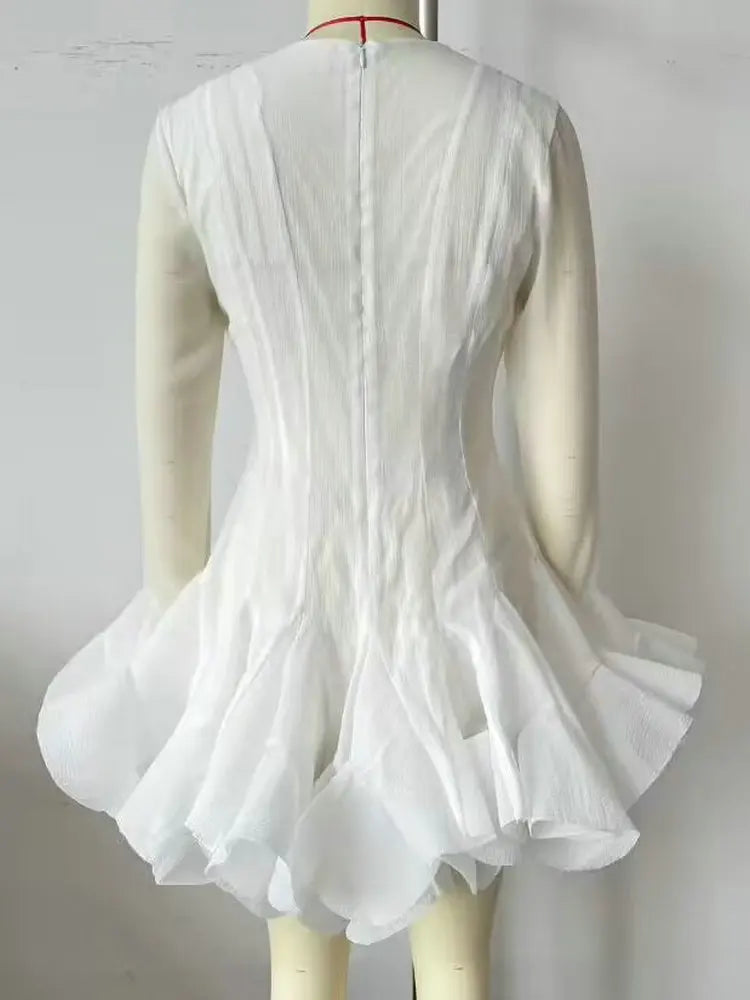 2026 Summer Women's Elegant Multi-Layered Ruffled Hem Mini Dresses Lady Sweet French Style Long Flare Sleeve Slim Fit Puffy Robe