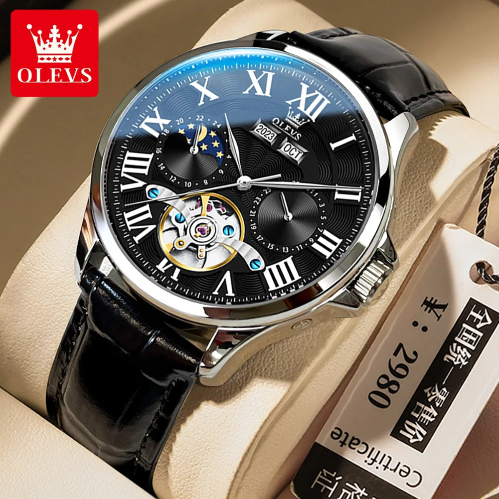 Stainless Steel Tourbillon Watch Moon Phase Calendar — Silver | KIMLUD