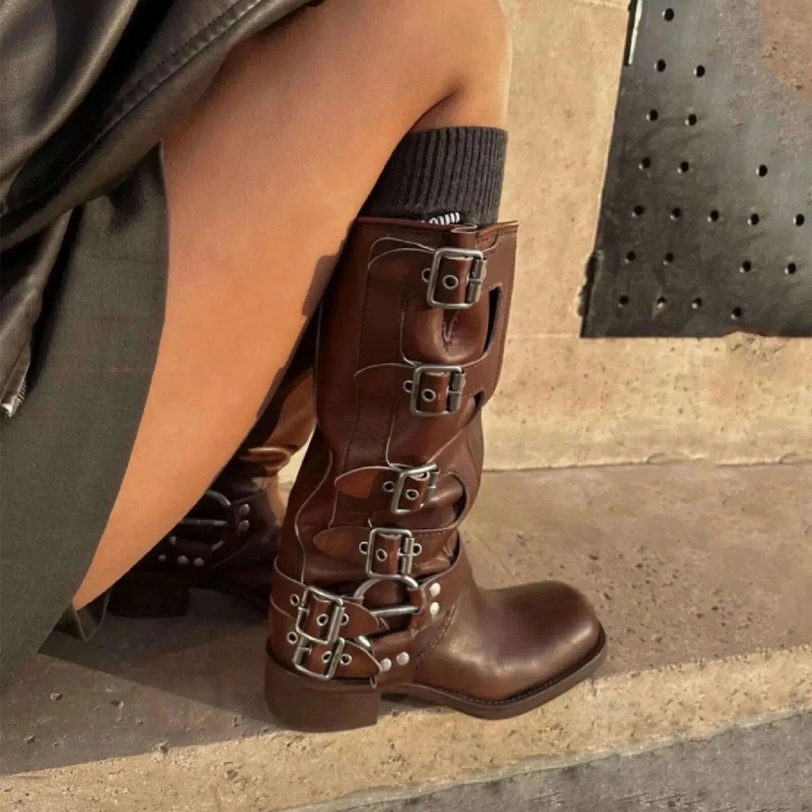 KIMLUD, 2025 Genuine Leather Platform Rivet Motorcycle boots Round toe Belt buckle Block heel mid wide calf Western boots, KIMLUD Womens Clothes