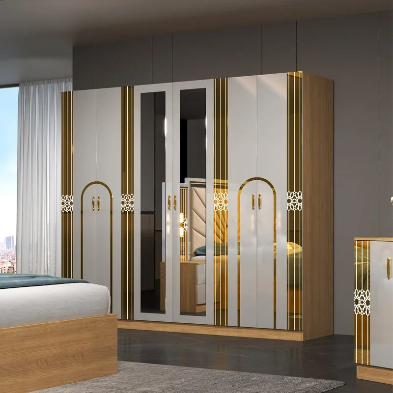 A Luxury Royal king Size Bedroom Sets Elegant Super Size Turkish Style Gold Mirrored LED Lighted Dubai Bedroom Furniture Set