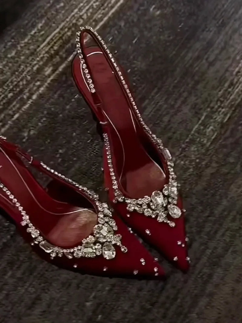 Dresses Satin Pointy Toe Heels With Rhinestones — Silver | KIMLUD