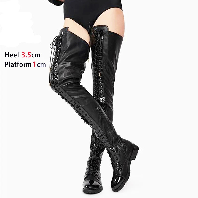 Low Heel Winter Boots Women 3.5CM Chunk Heels Nightclub Queen Lace-up Zipper Shoes Black Thigh High Boots Large Size 43 44 45