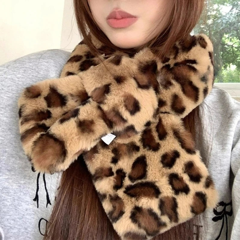 KIMLUD, Winter Leopard Faux Rabbit Fur Scarf Women Girls Scarf Soft Plush Scarves Solid Color Neck Collar Warmer Stuff Christma Gift, KIMLUD Womens Clothes