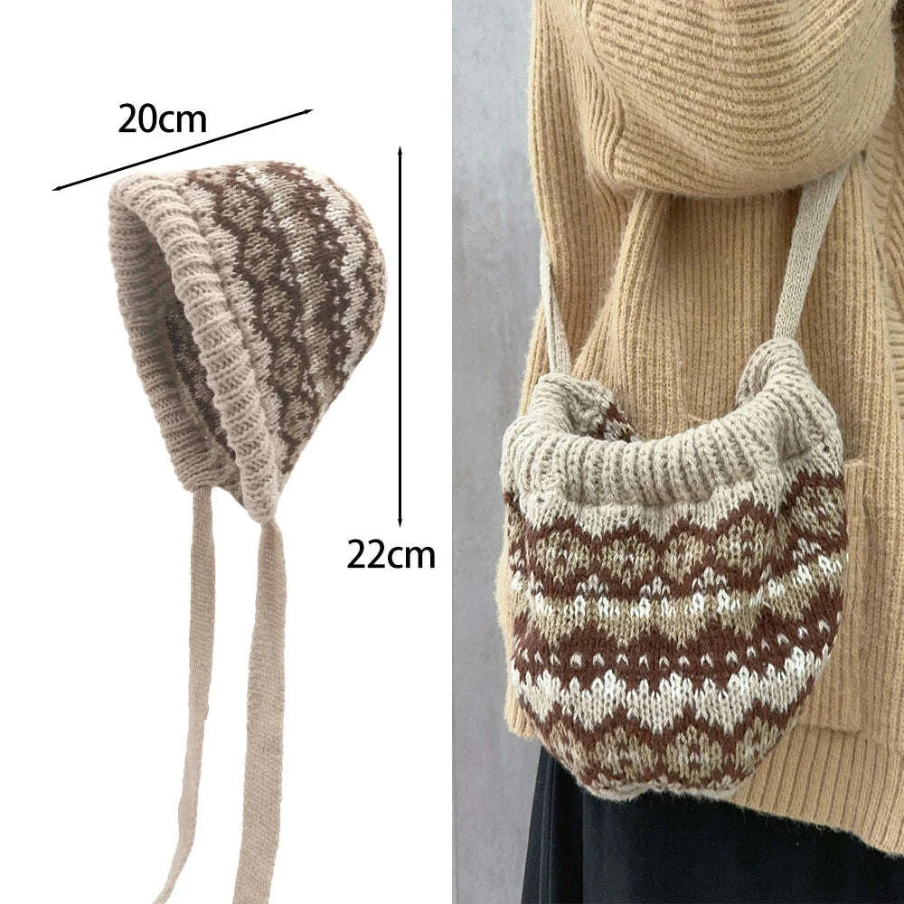 KIMLUD, Ethnic Style Striped Spliced Knitted Hat Women Autumn Winter Caps Multifunctional Crossbody Bag Ear Protection Drawstring Hats, KIMLUD Womens Clothes