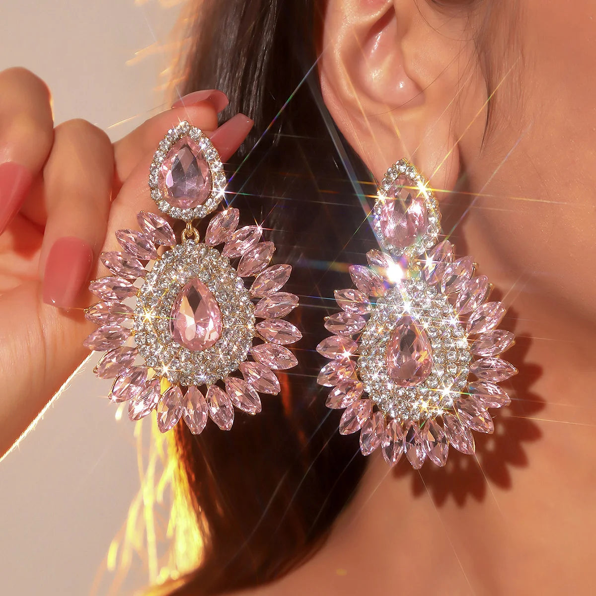 Drop Earrings Crystal Flower Shine Earrings Rhinestones — Pink | KIMLUD