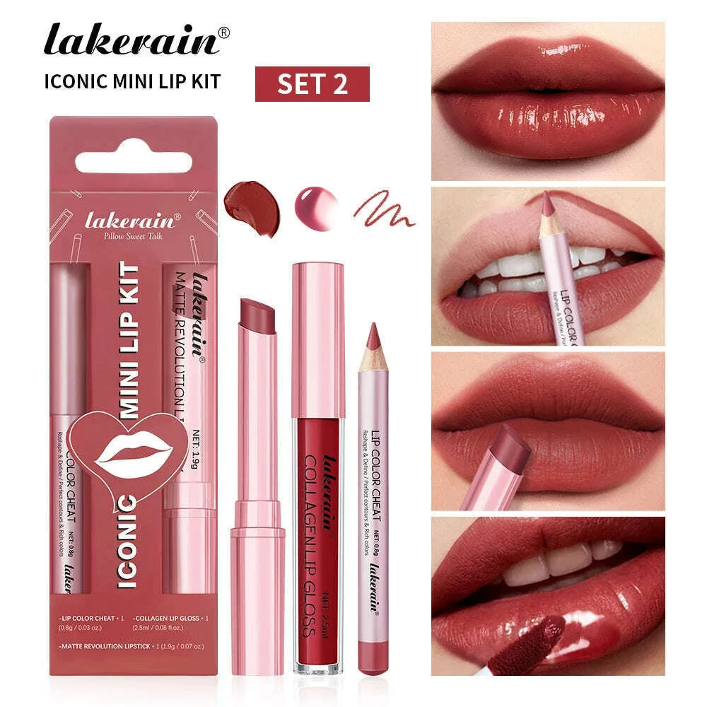 lakerain-3pcs-mini-matte-lipsticklip-glosslip-liner-set-precise-outline-three-dimensional-lip-plumping-lipstick-setkimlud-womens-fashion-34598990