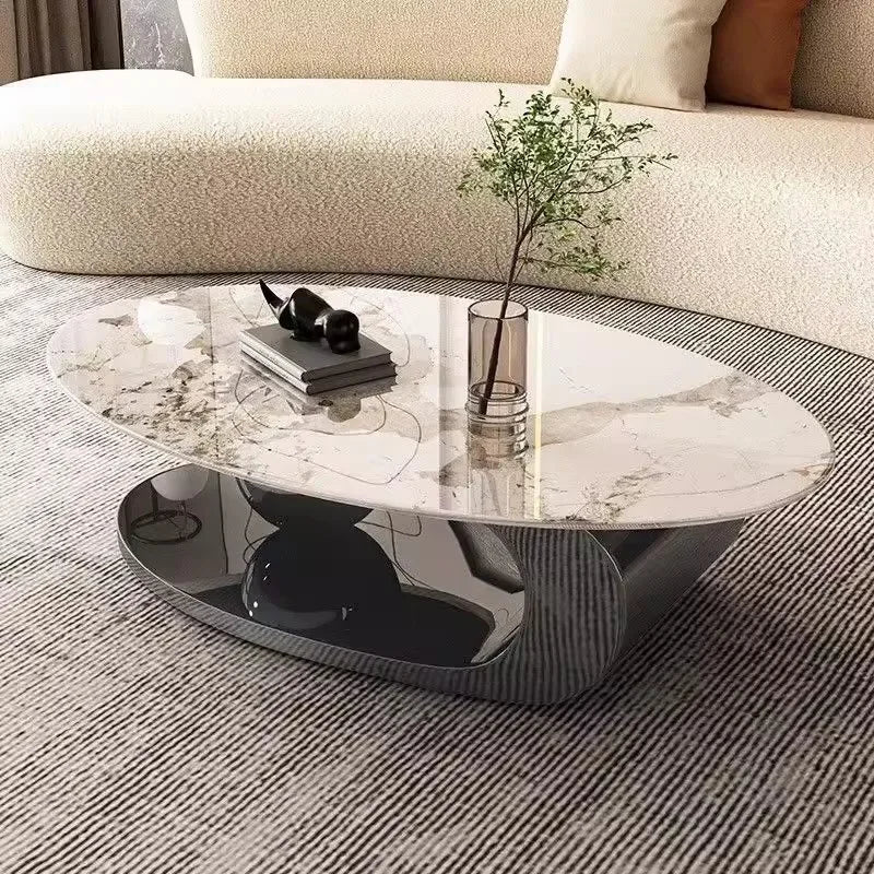 Slate Metal Coffee Table Italian Oval Form With Marble-Like Top — Ivory | KIMLUD