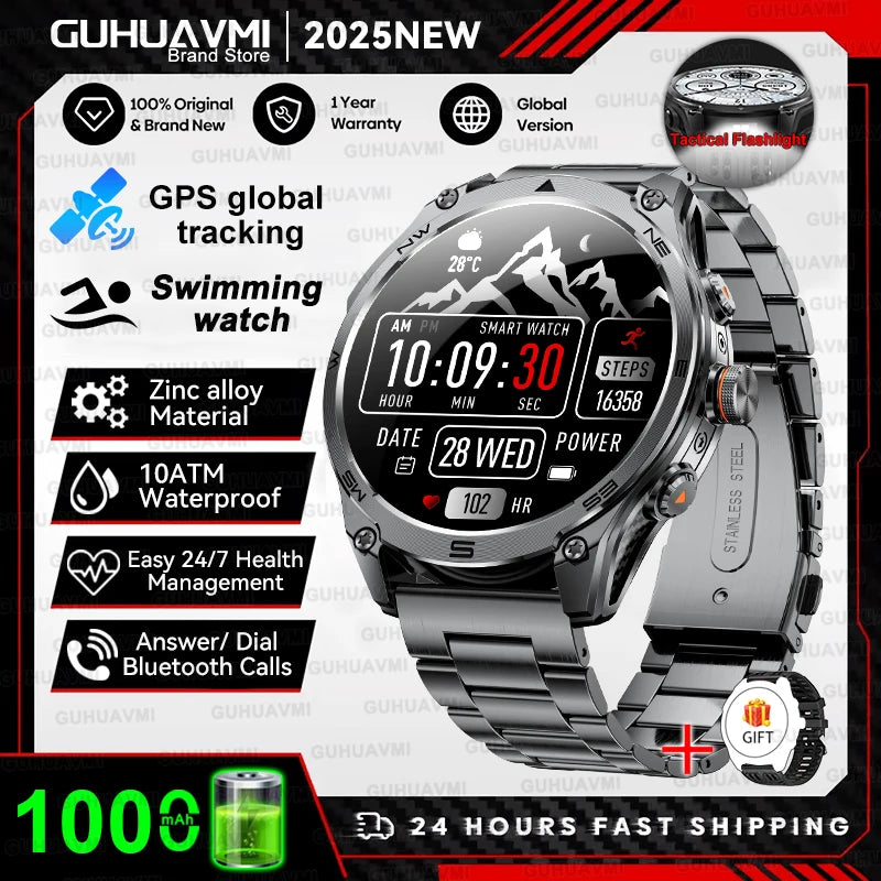 2025 New Military Smart Watch 1000Mah Battery GPS Compass 10ATM Waterproof Tactics Sport Flashlight BT call Smart Watch For Men