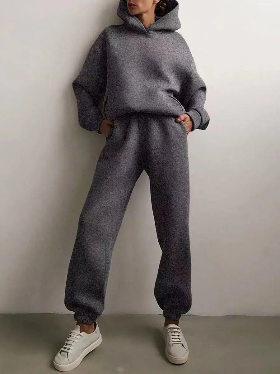 Oversized Tracksuit Set Two Piece Winter Fleece Hoodie and Sweatpants Cozy Warmth — Beige | KIMLUD