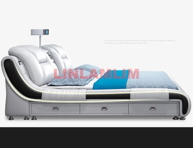 Genuine Leather Bed Frame With Built In Storage And Bluetooth — White | KIMLUD