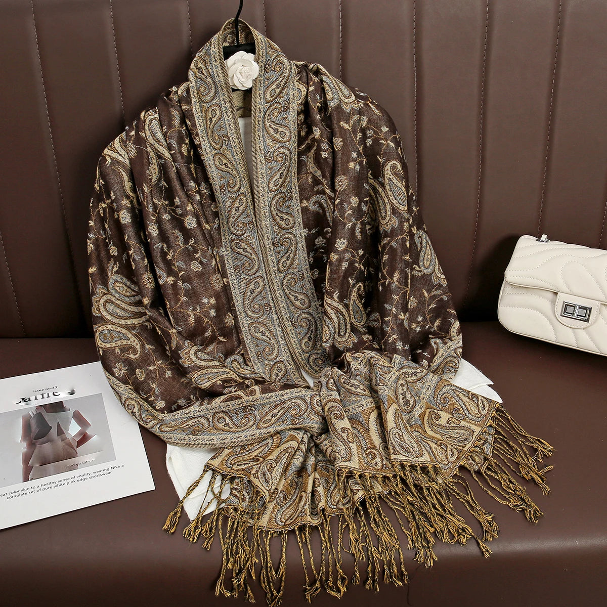 Cashmere Pashmina Shawl With Autumn Print Design, Olive Accents And Gold-Toned Fringe — Red | KIMLUD