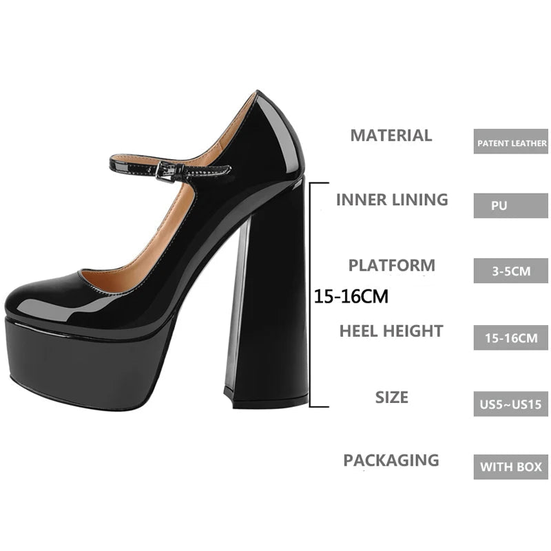 Black high-heeled shoe with detailed specifications on a white background