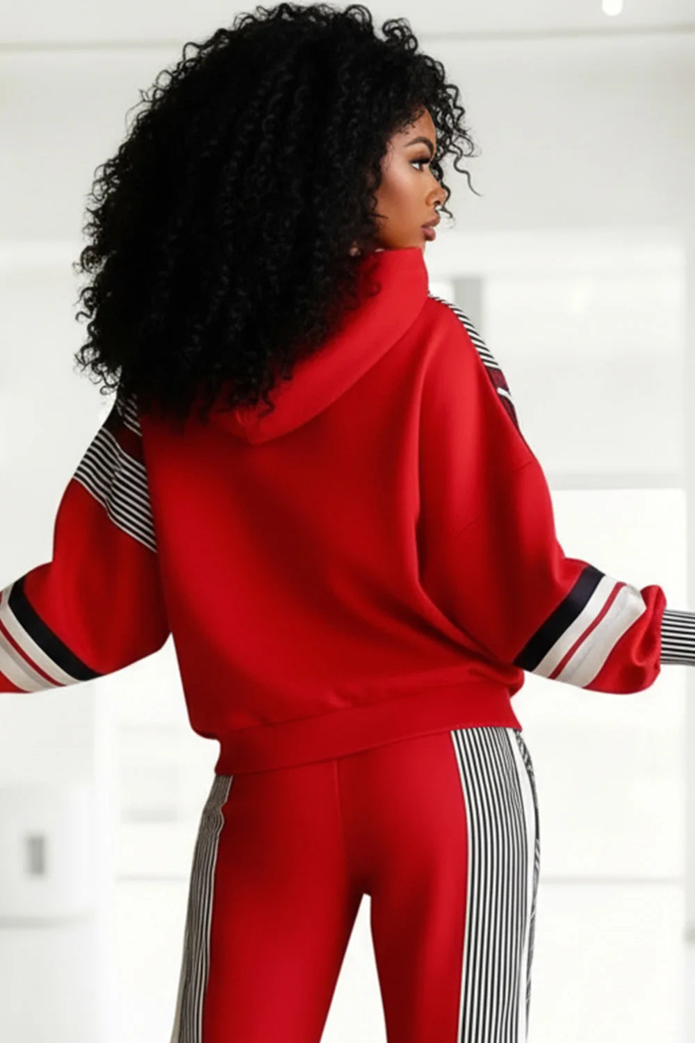 Hooded Plus-Size Striped Ruched Sweatshirt — Red | KIMLUD