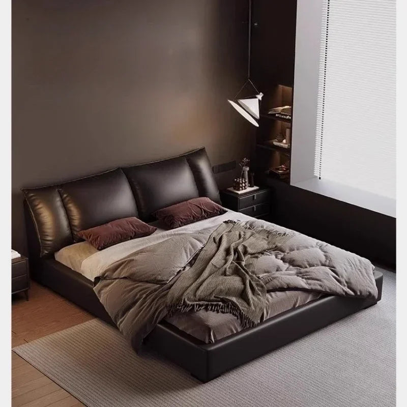 Obsidian Leather King Size Bed With Office Headboards And Frame — Black | KIMLUD