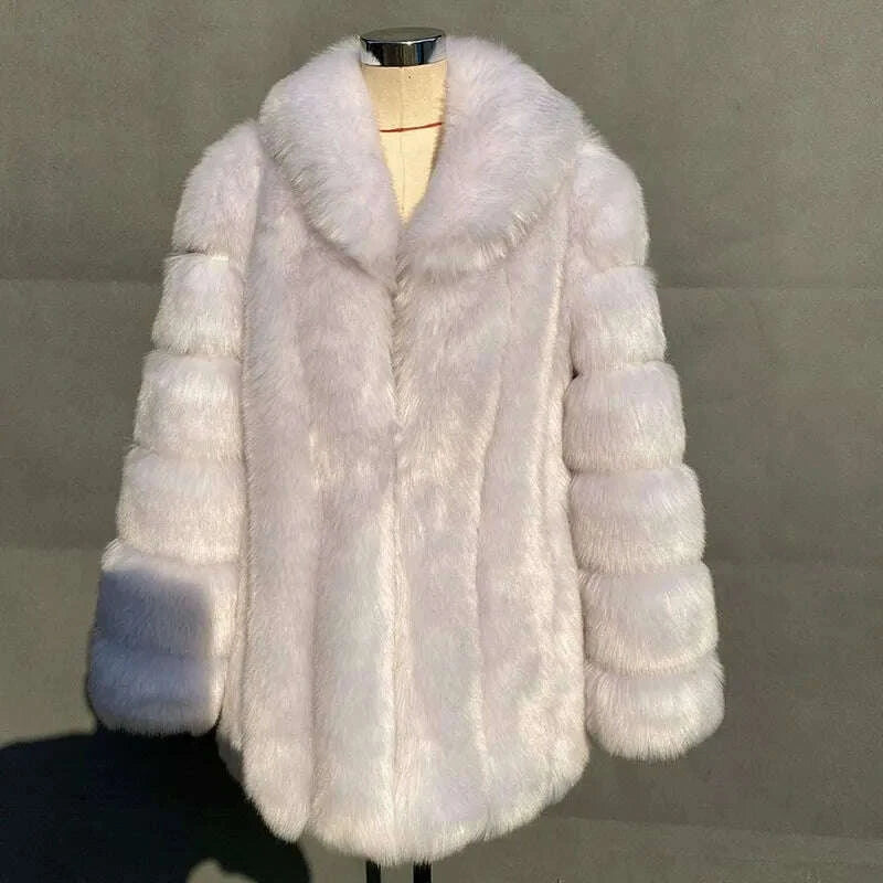 KIMLUD, 2025 Winter Women's Mid-Length Faux Fox Fur Coat Plush Luxe Warm faux fur Trench Elegant Thermal Outerwear Faux Fur Tops, KIMLUD Womens Clothes