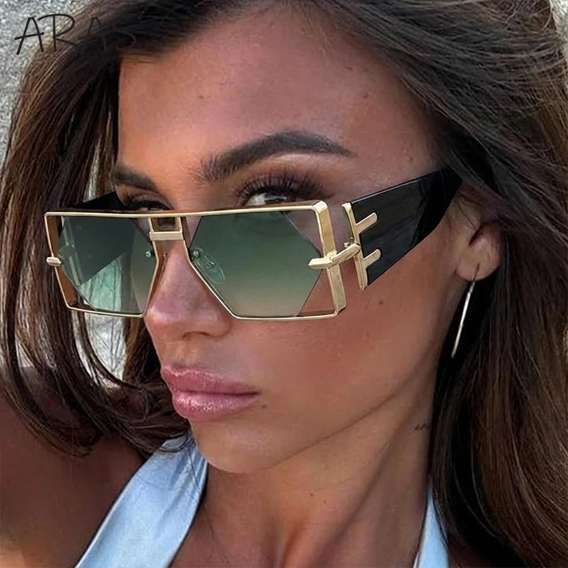 Steampunk Sunglasses Rectangle Hexagon Frame Hollow Alloy — Gold | KIMLUD