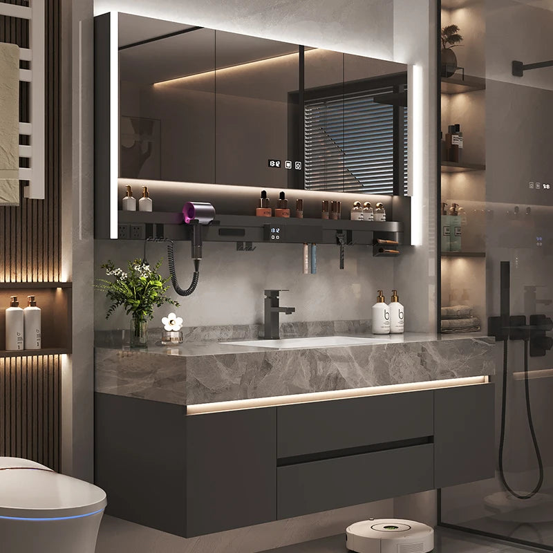 Solid Wood Vanity Cabinet With Marble Countertop And Integrated Mirror Lighting — White | KIMLUD