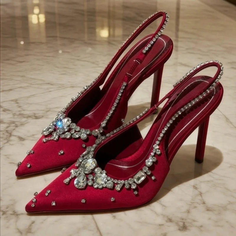Dresses Satin Pointy Toe Heels With Rhinestones — Silver | KIMLUD