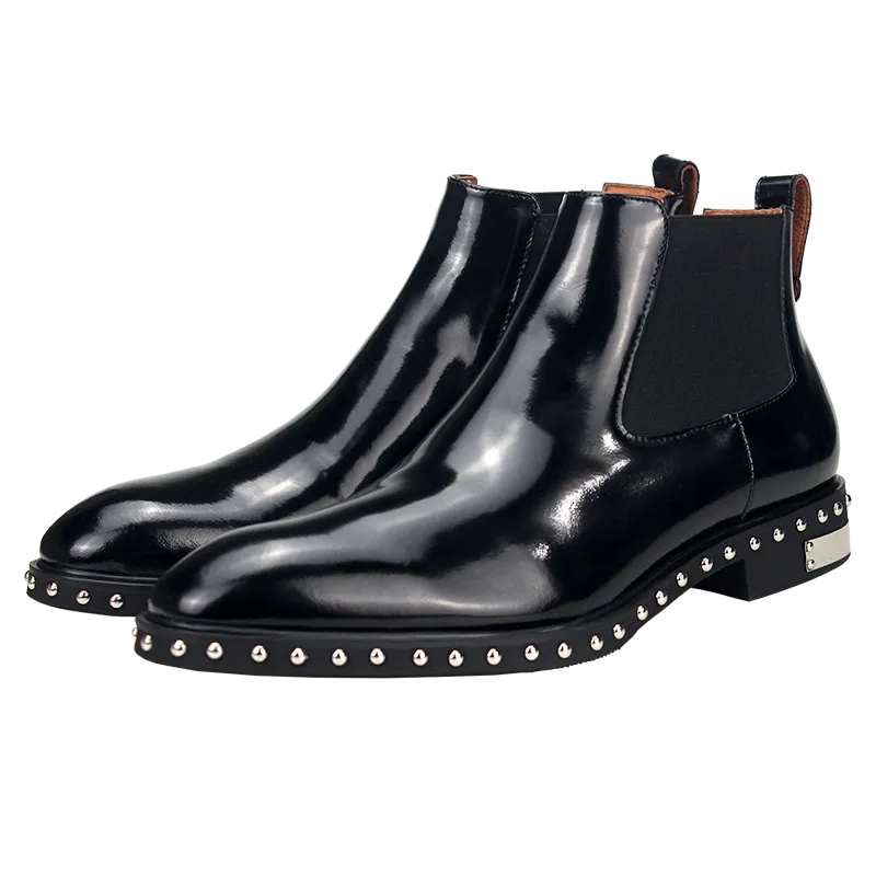 KIMLUD, Autumn and Winter New Cowhide Riveted Bottom Pointed Chelsea Boots Sleeve Elastic Belt Short Tube Large Flat Bottom Men's Boots, Black / 6 / China, KIMLUD Womens Clothes