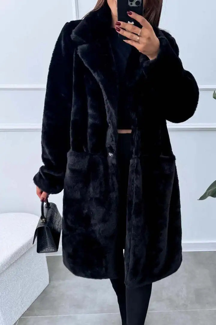 Autumn Winter Long Loose Pure Color Plu Rabbit Fur Coat with kets Women's plus Size Casual Outerwear Coat